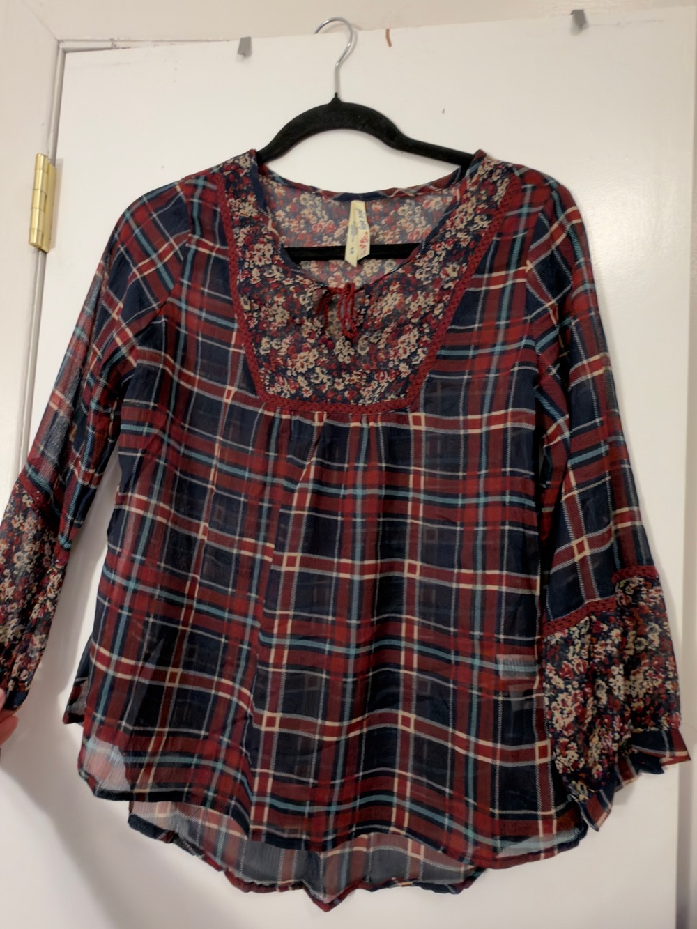 girl krazy blouse with floral lace trim on neckline and sleeves. Size S